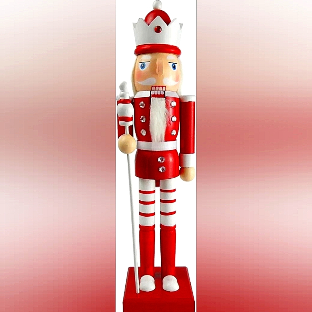 NEW 12" Red & White Rhinestone Christmas Wood Nutcracker Decoration White Staff